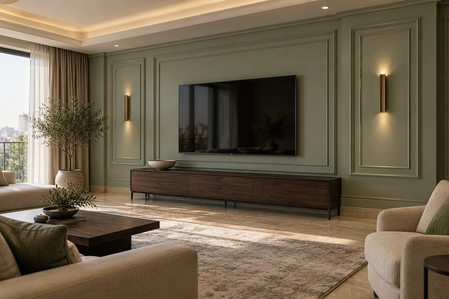 Elegant sage neoclassical TV wall-2