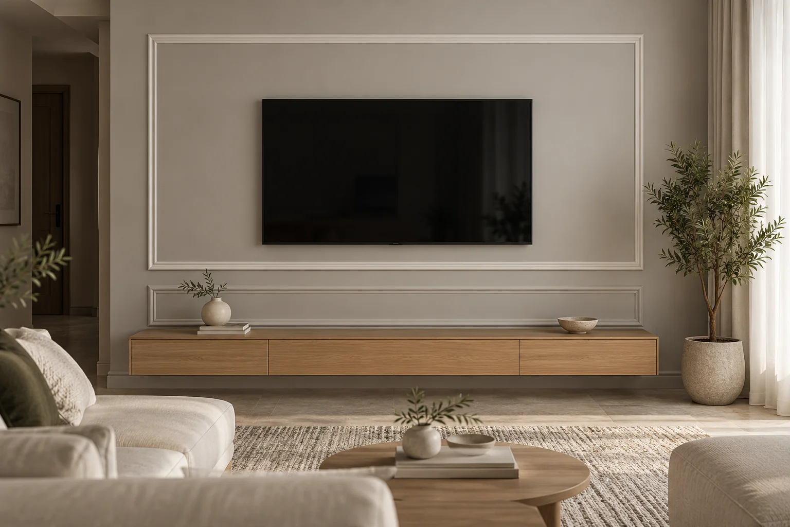 Warm Gray TV Wall with White Molding-1
